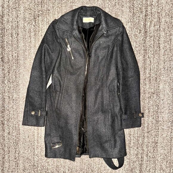 Michael Kors Women's Grey Wool Blend Gold Zipper Front Coat Jacket - Picture 3 of 10